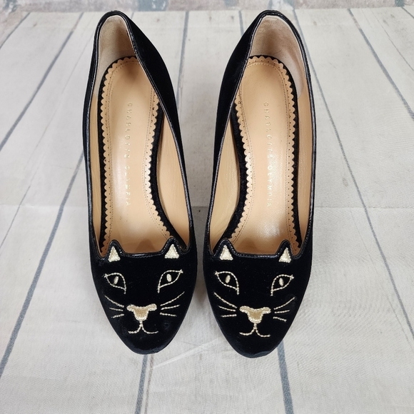 Charlotte Olympia Kitty Cat Embroidered Velvet Pump Black Gold Size 36/6 - Picture 5 of 16